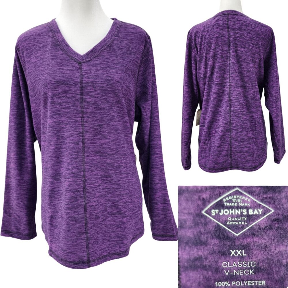 St Johns Bay Womens XXL Purple Polar Fleece V-Neck Long Sleeve Sweatshirt Top